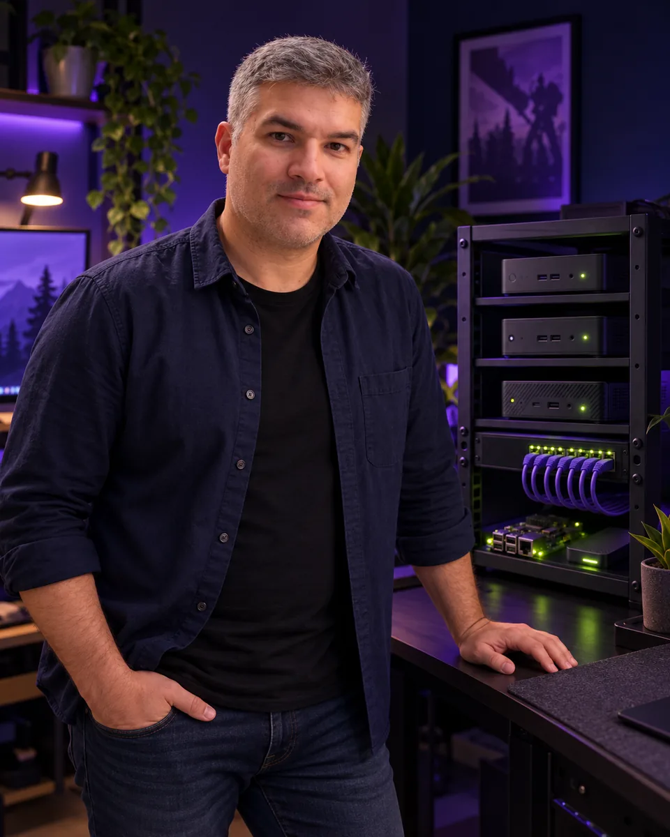 Isma next to a homelab