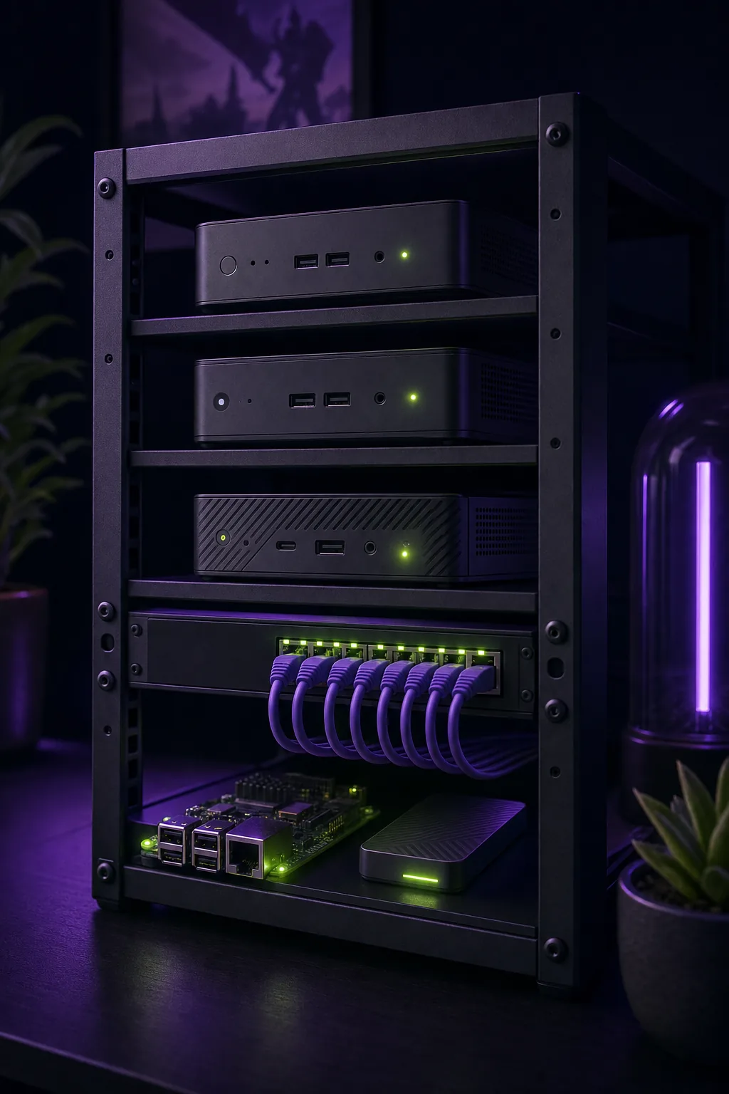 Ilustración de un homelab con mini PCs, switch y una placa en un rack pequeño