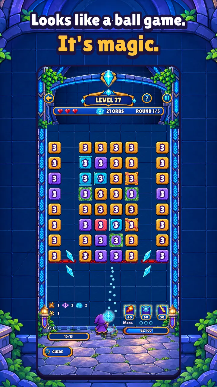 Level 77: the wizard aims the orb at a board full of numbered blocks. Text: “Looks like a ball game. It's magic.”