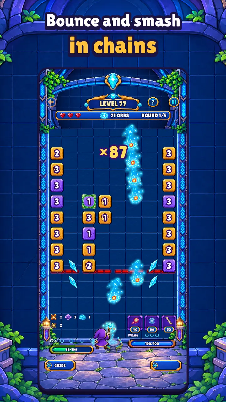 A volley of 87 orbs bounces between the blocks. Text: “Bounce and smash in chains.”