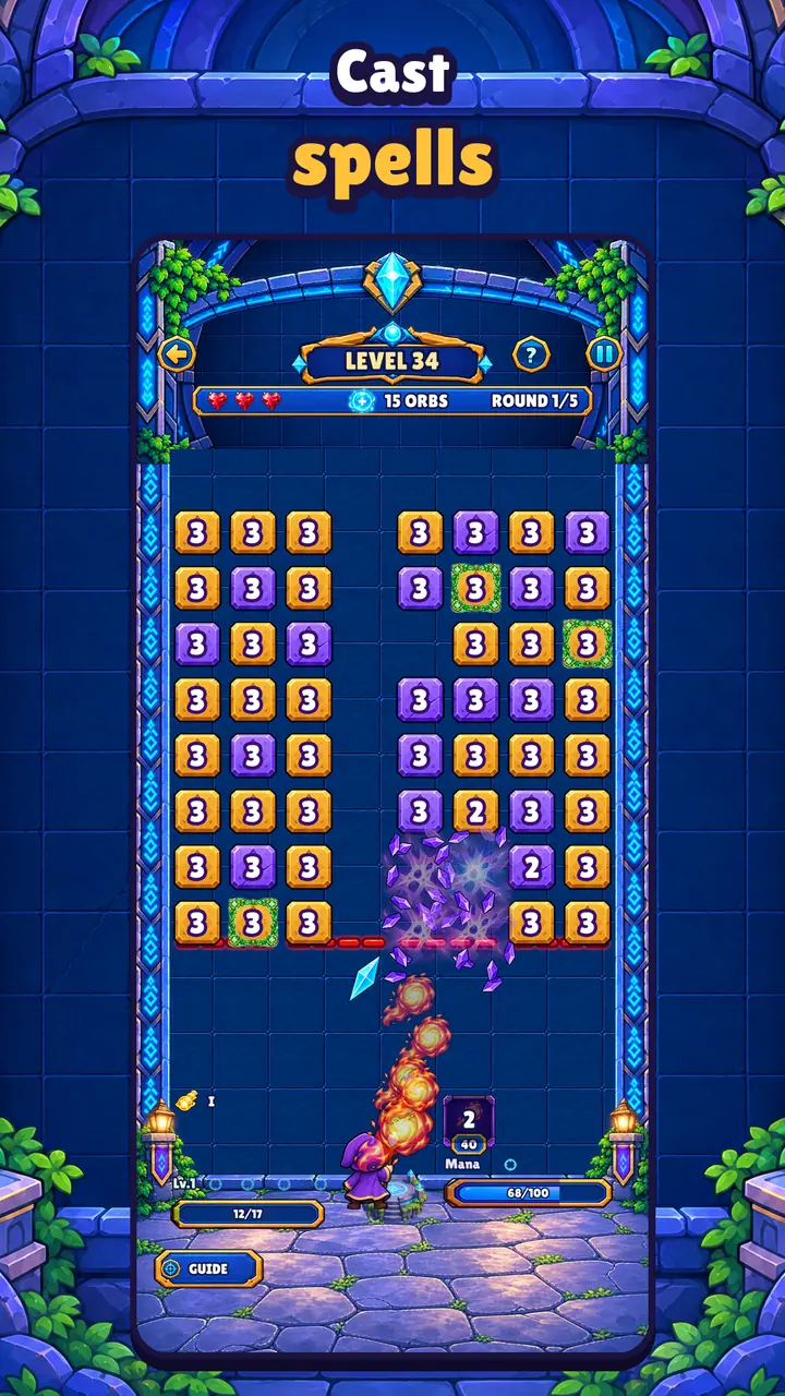 A fireball explodes against the blocks on level 34. Text: “Cast spells.”