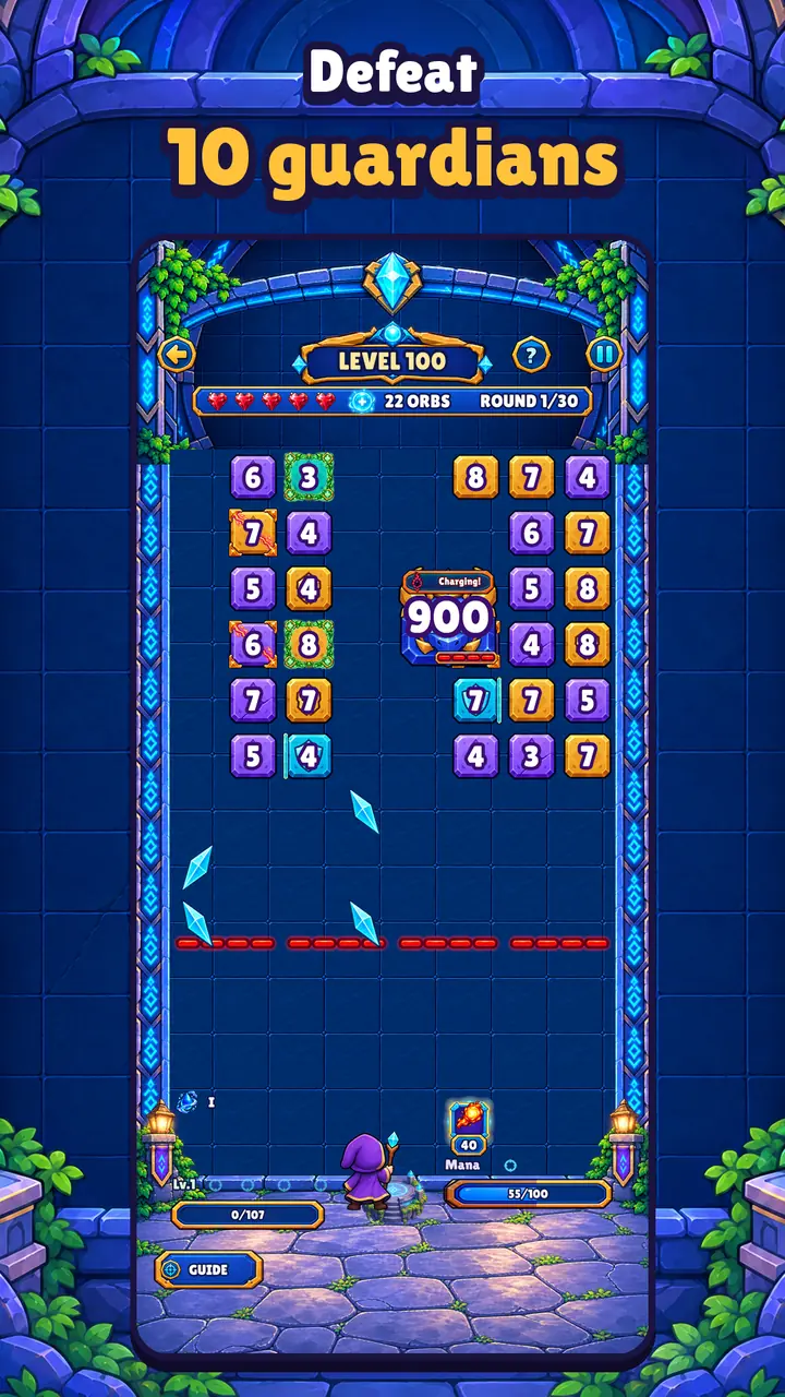 The level 100 guardian charges an attack among the blocks. Text: “Defeat 10 guardians.”