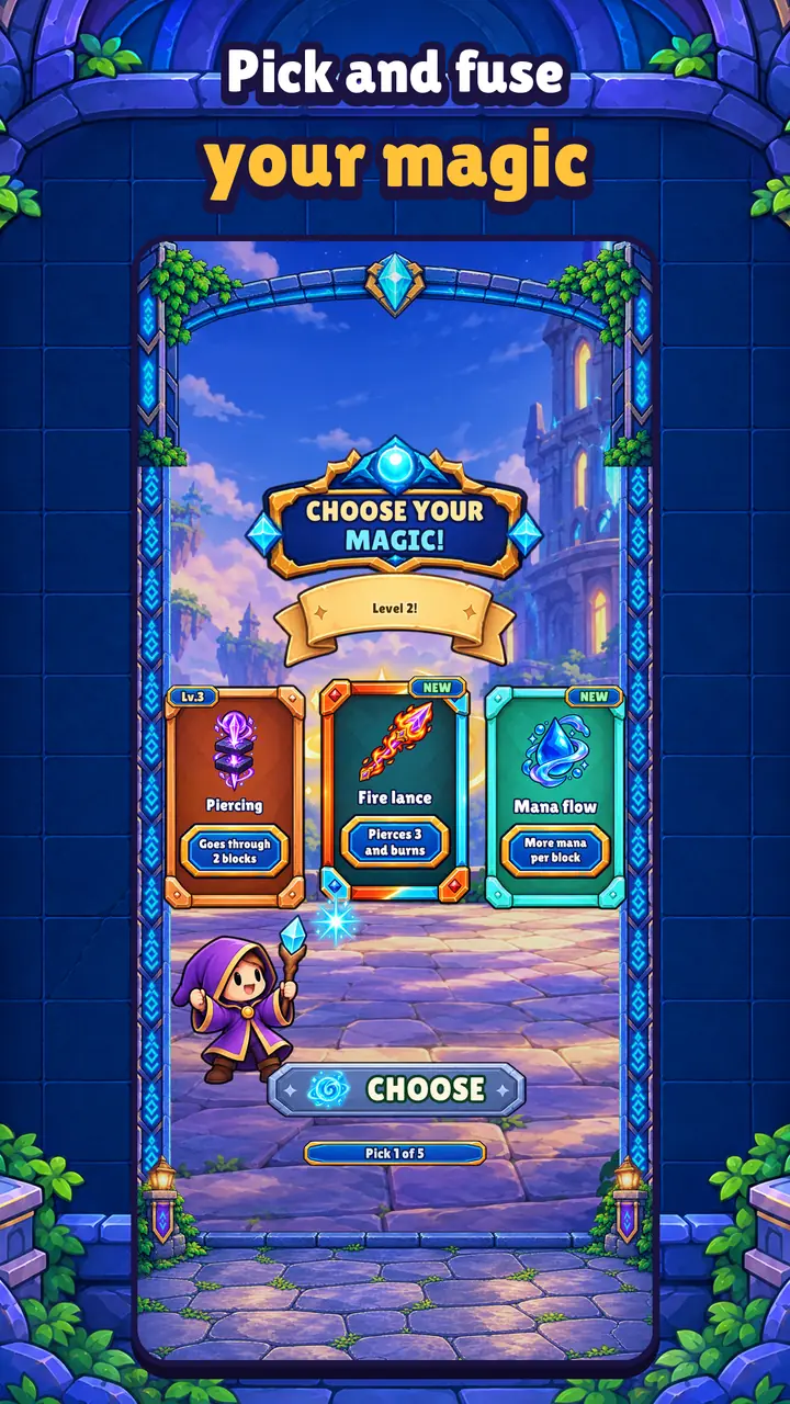 Screen to pick 1 spell card out of 3. Text: “Pick and fuse your magic.”