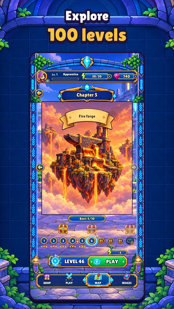 Map of chapter 5 with its levels. Text: “Explore 100 levels.”