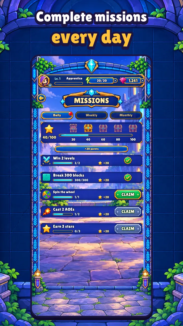 Daily missions list with their rewards. Text: “Complete missions every day.”