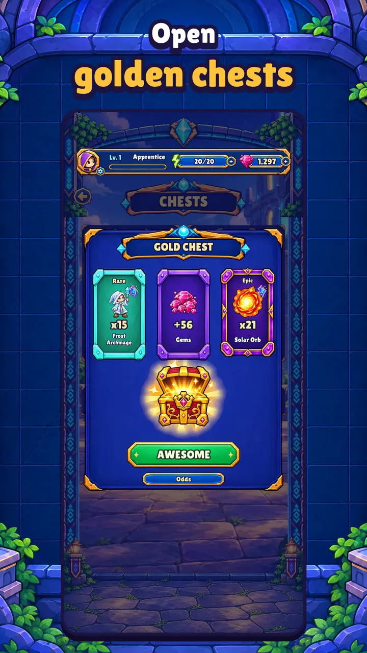 What a golden chest gives you: shards, gems and an orb. Text: “Open golden chests.”