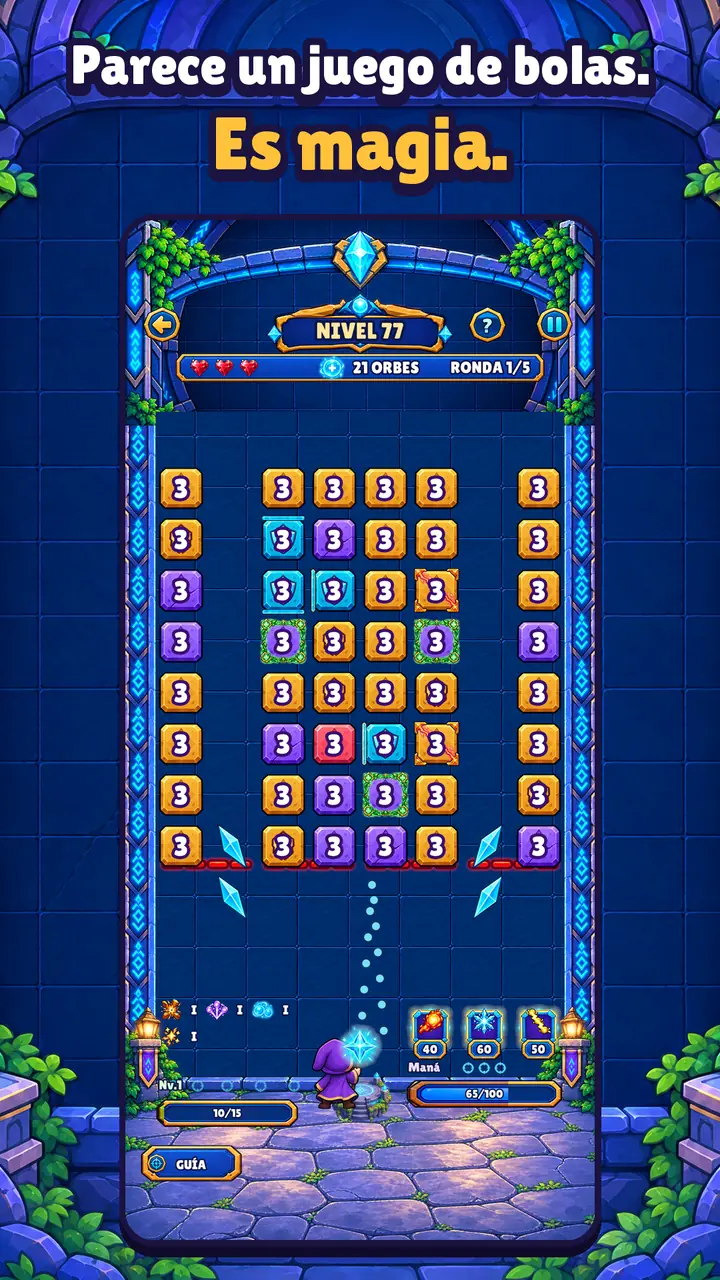 Nivel 77: el mago apunta el orbe a un tablero lleno de bloques con números. Texto: «Parece un juego de bolas. Es magia.»